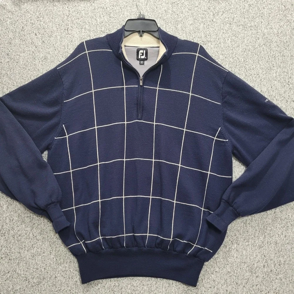 FootJoy Mens‎ Wool Full Zip Golf Sweater Navy Blue Windowpane Lined XLarge FJ